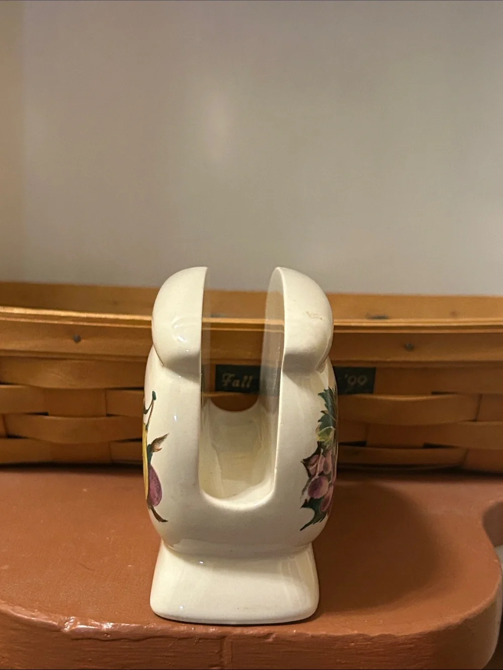 VTG Cornucopia ceramic napkin holder featuring a colorful raised fruit mot